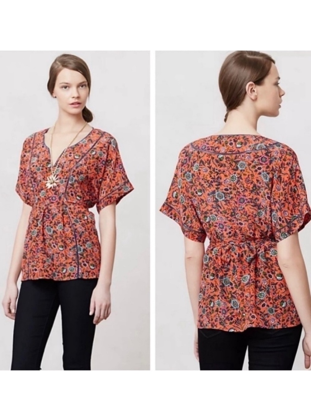 Anthropologie Maeve Maes Silk Floral Kimono Blouse Sz Small Tie Back Tunic Top